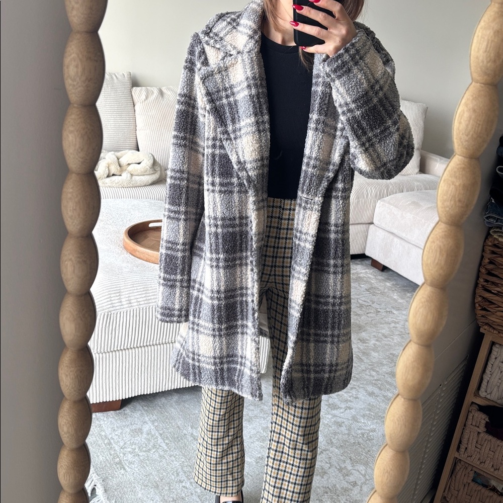 Joan rivers plaid grey teddy Faux Fur Coat jacket Sherpa shearling